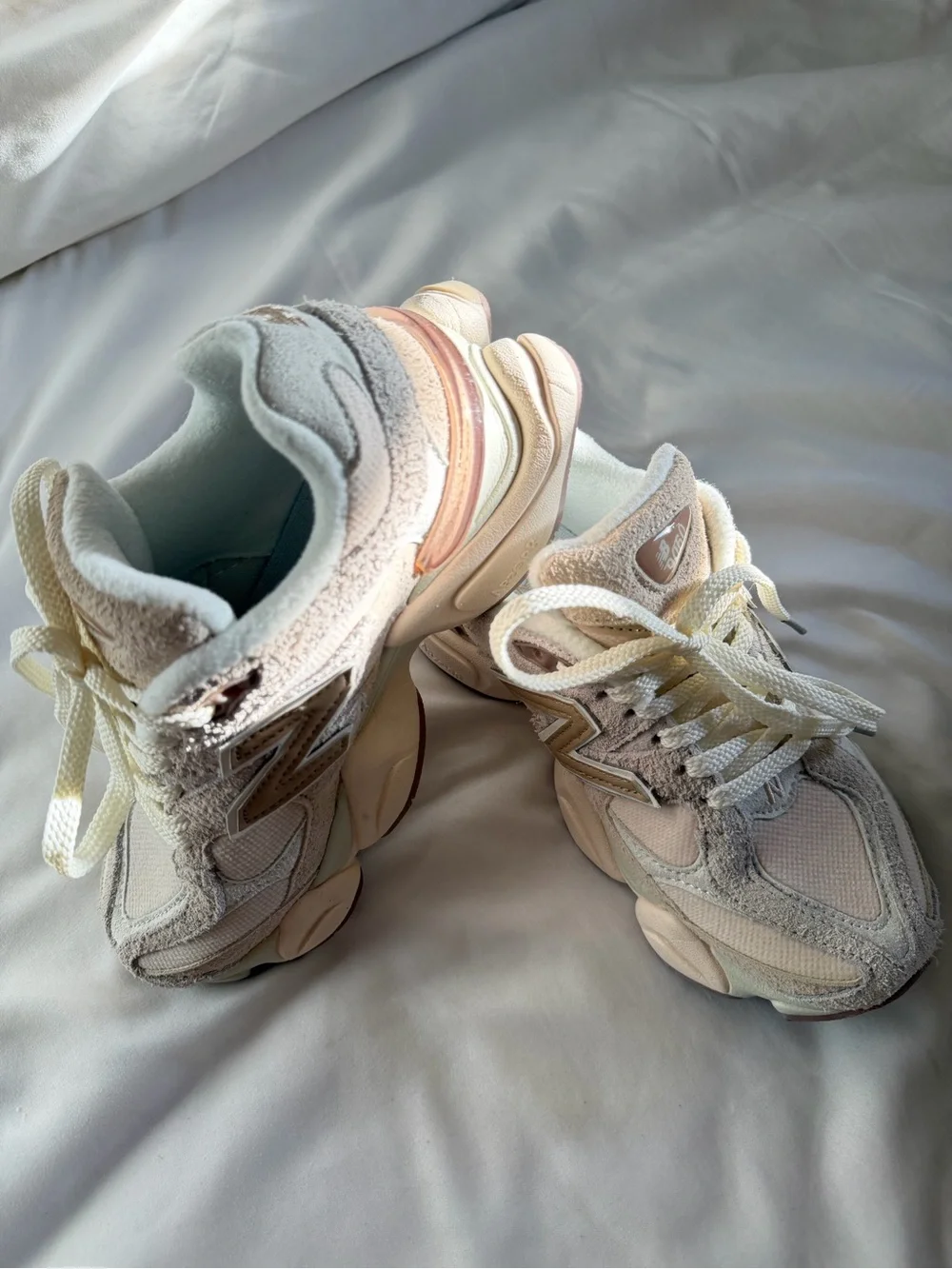 New Balance Women's 9060 in Bisque Sea Salt, thick structured suede Sneakers
